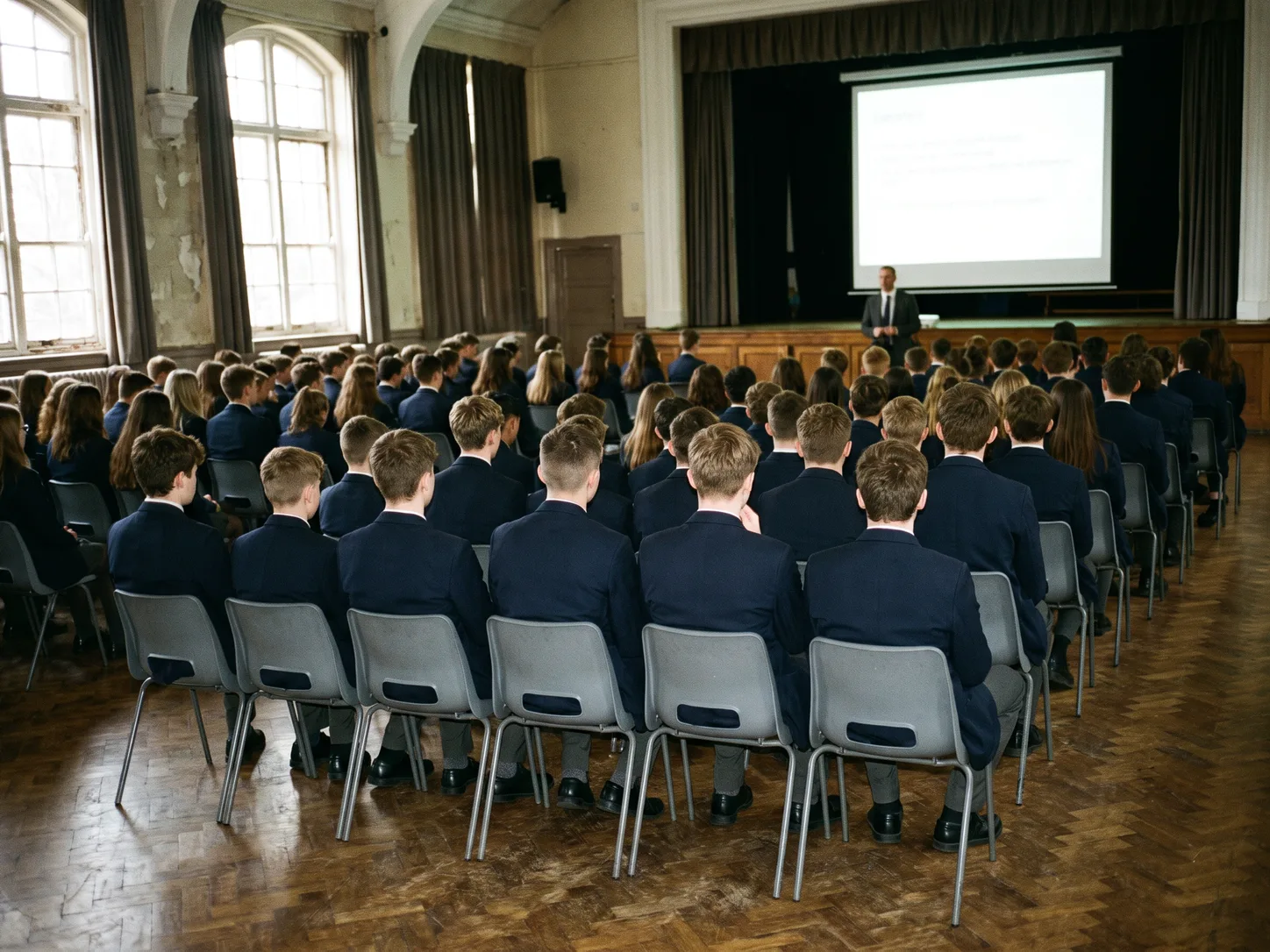 A school hall seen from the very back of the room during an assembly, rows of seated pupils photographed from behind facing a projector screen.