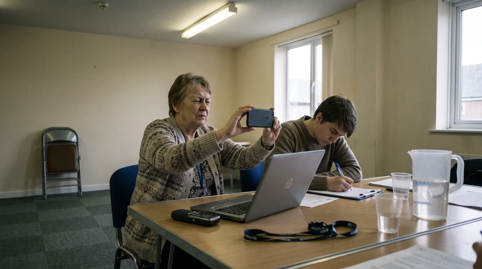 An older woman holding a smartphone at arm’s length during a testing session while a colleague beside her makes notes on a paper checklist.