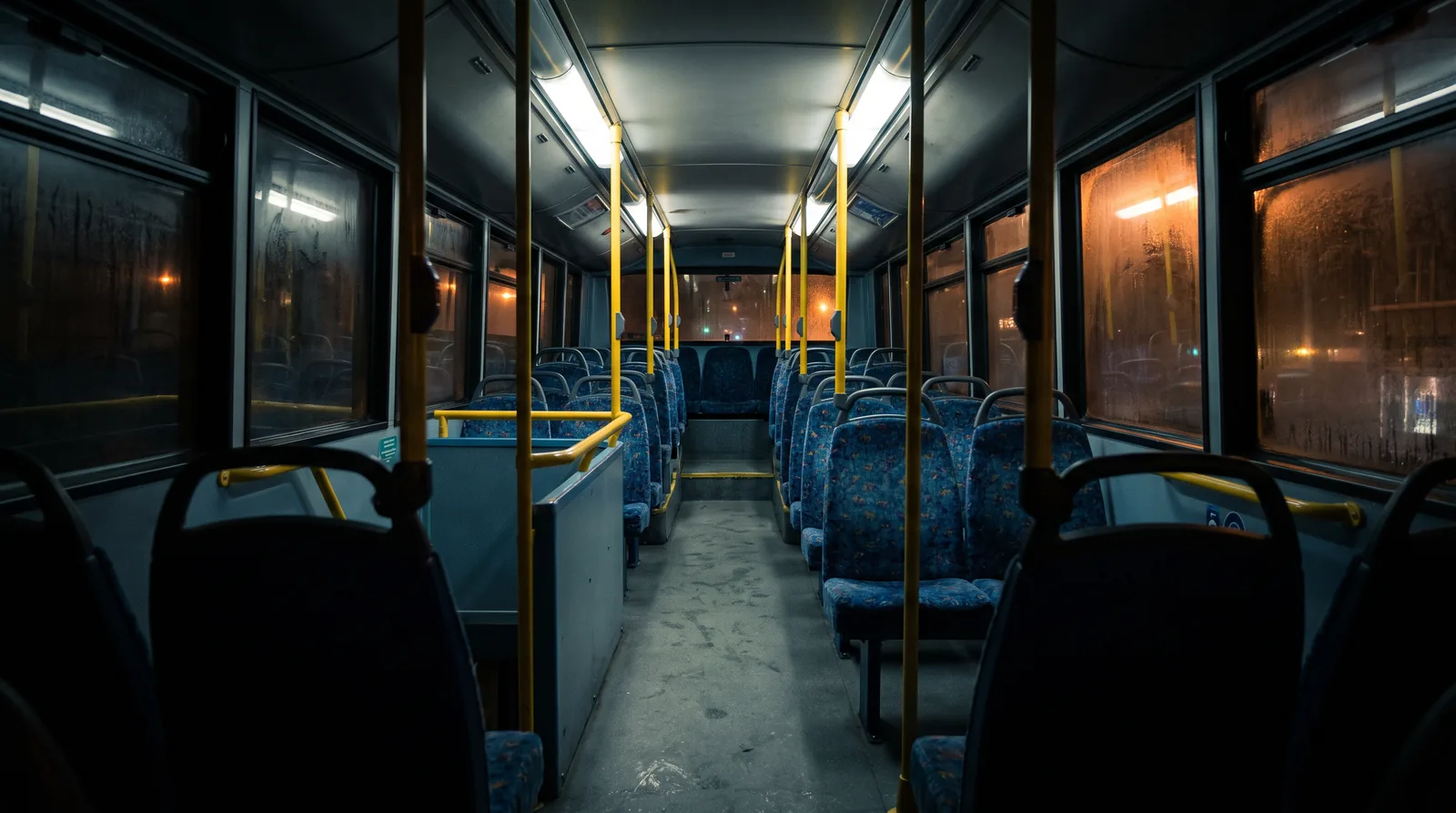 The empty lower deck of a London bus at night, condensation on the windows and street light glowing orange through the glass.