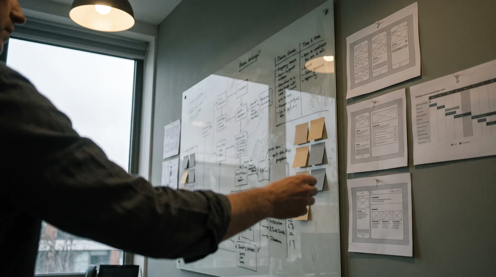 A project scoping wall in a studio: a process diagram drawn on a glass whiteboard beside pinned wireframe printouts and a printed timeline, with a hand reaching in to move a note.