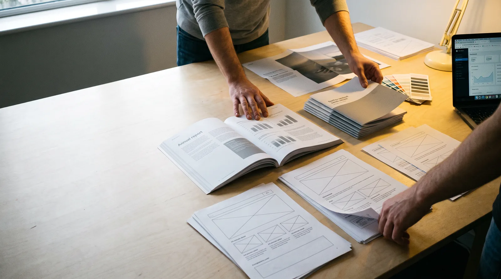 Printed deliverables laid out on a studio table: an annual report open at a spread of charts, a stack of booklets, printed layout sheets, colour swatches and a laptop, with two pairs of hands reviewing them.