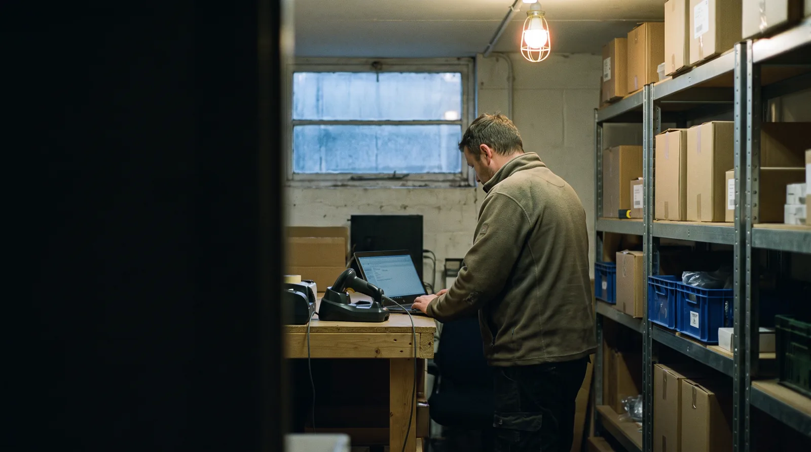A stockroom mezzanine office at night: a man working at a laptop beside steel racking, a barcode scanner sitting in its charging dock on the desk.