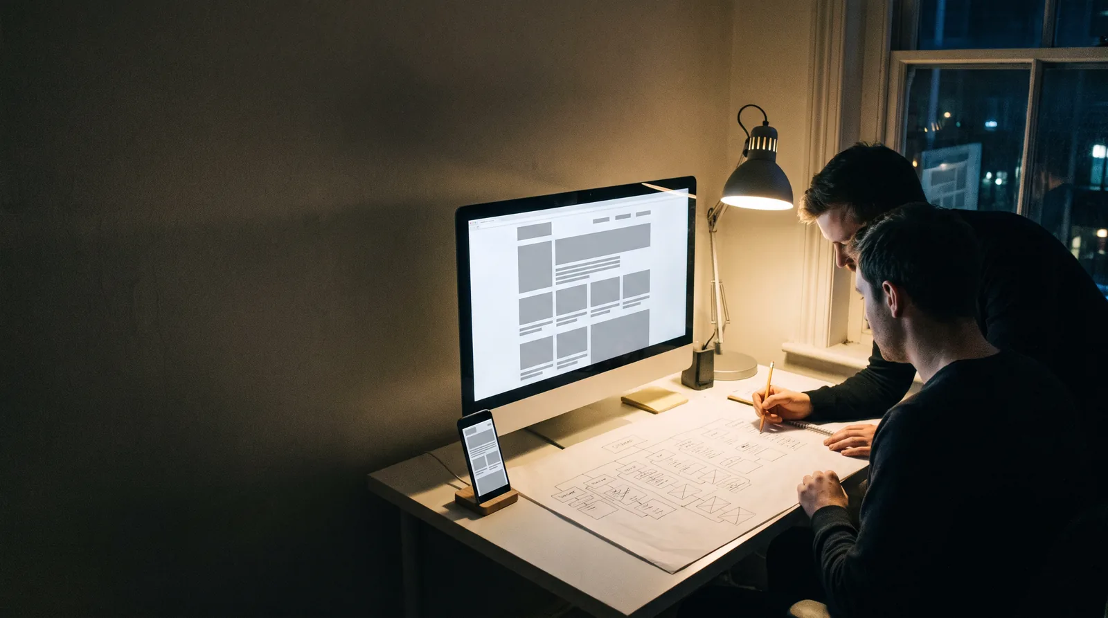 A designer&rsquo;s desk at night: a monitor showing a grey wireframe layout, a phone in a stand beside it, a printed sitemap on the desk and two colleagues talking behind.