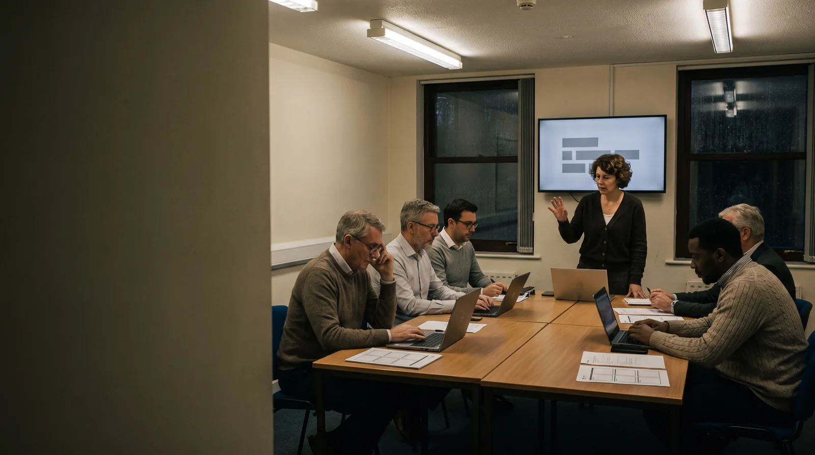 An evening staff training session in a plain British meeting room: adults at joined tables with laptops and printed handouts while a woman stands beside a screen mid-explanation.