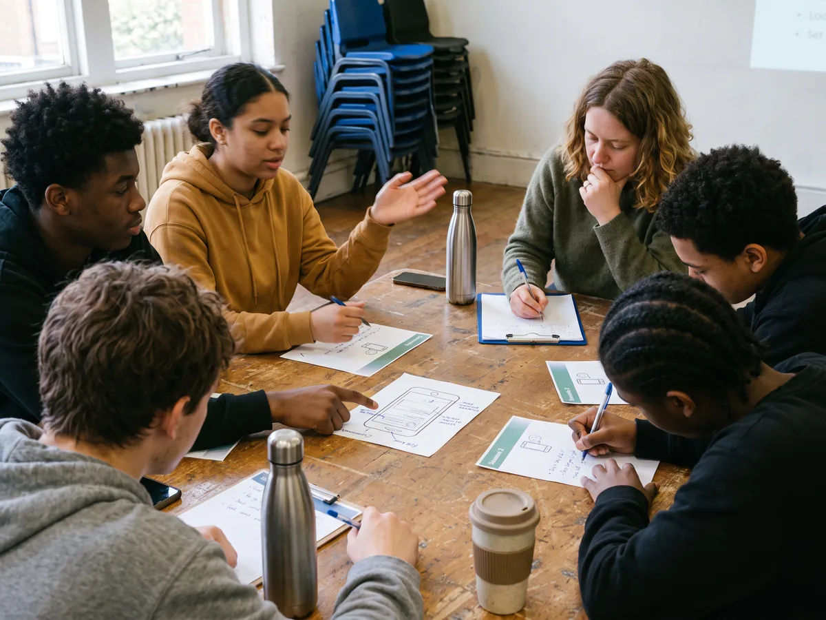Young people around a community centre table talk through printed app sketches, one explaining with her hands while others point and add notes.