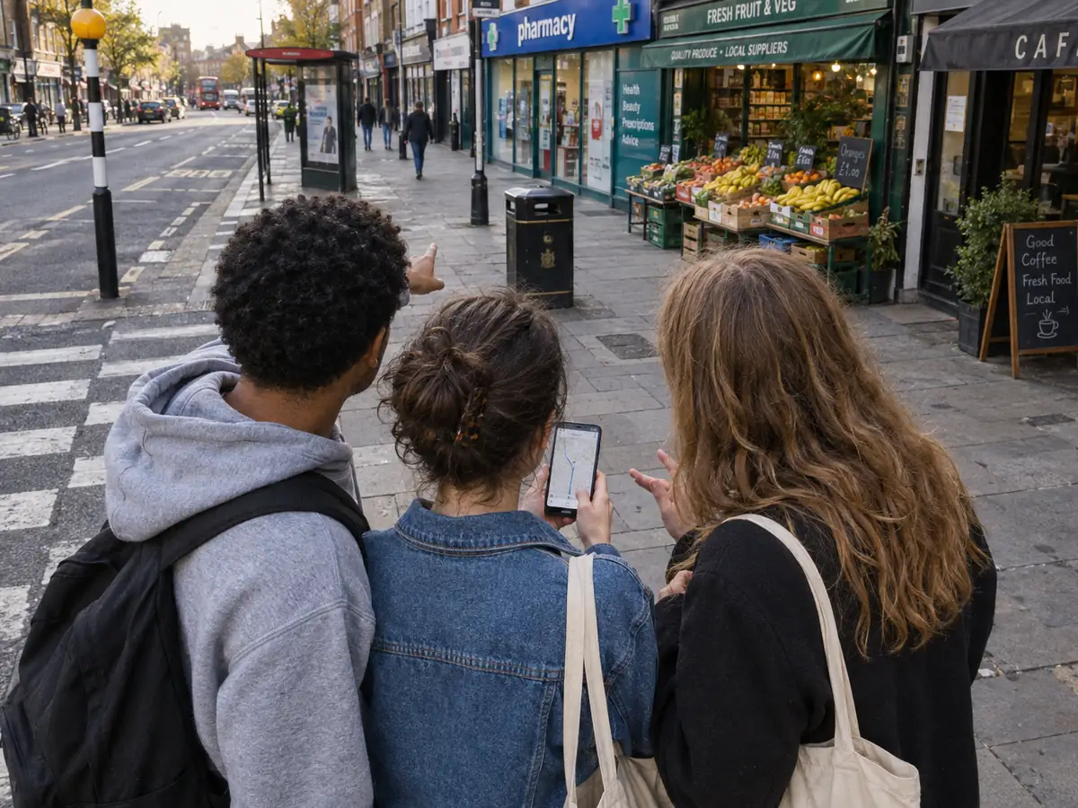 Three young people pause on a London high street and compare route options on a phone together.